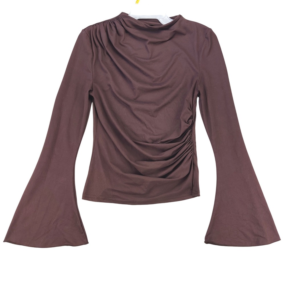 SHEIN Top Womens S Brown Ruched Draped Neck Bell Sleeve Blouse Solid Casual